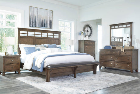 Shawbeck Queen Panel Bed Dark Brown Wood with Upholstered Bench – Benchcraft - sold by Home Elegance USA