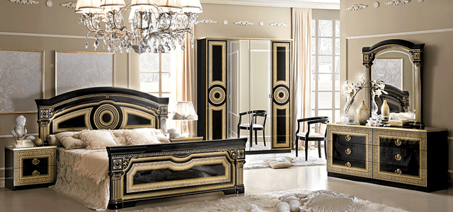 Aida 5 Piece Bedroom Queen Panel Bed Set In Black-Gold - Aidabedq.Sblack-Gold-5Set | ESF - Home Elegance USA