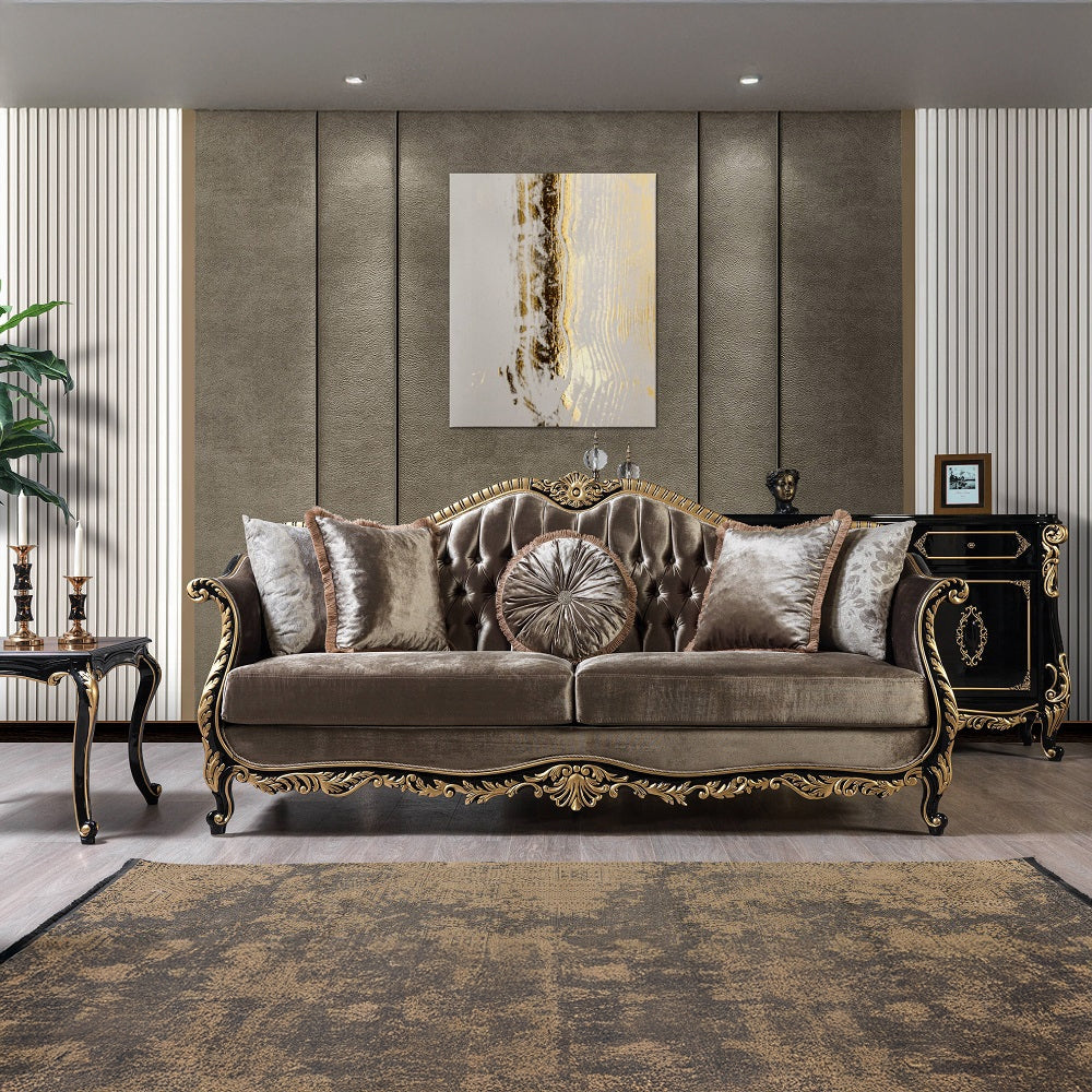 Betria Sofa W/5 Pillows LV01887 Light Green Velvet, Gold & Black High Gloss Finish | Acme | Home Elegance USA