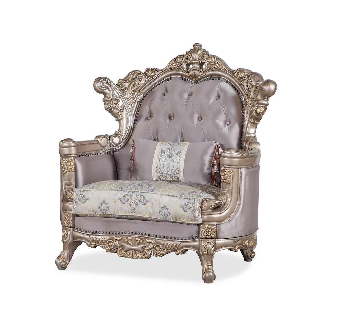 Camilla Silver Chair by Cosmos Furniture with tufted seating and ornate carvings