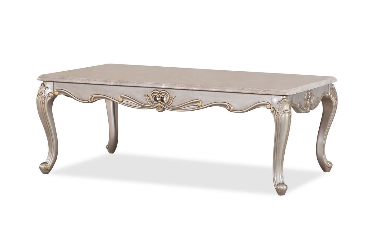 Camilla Silver Coffee Table by Cosmos Furniture with tufted seating and ornate carvings