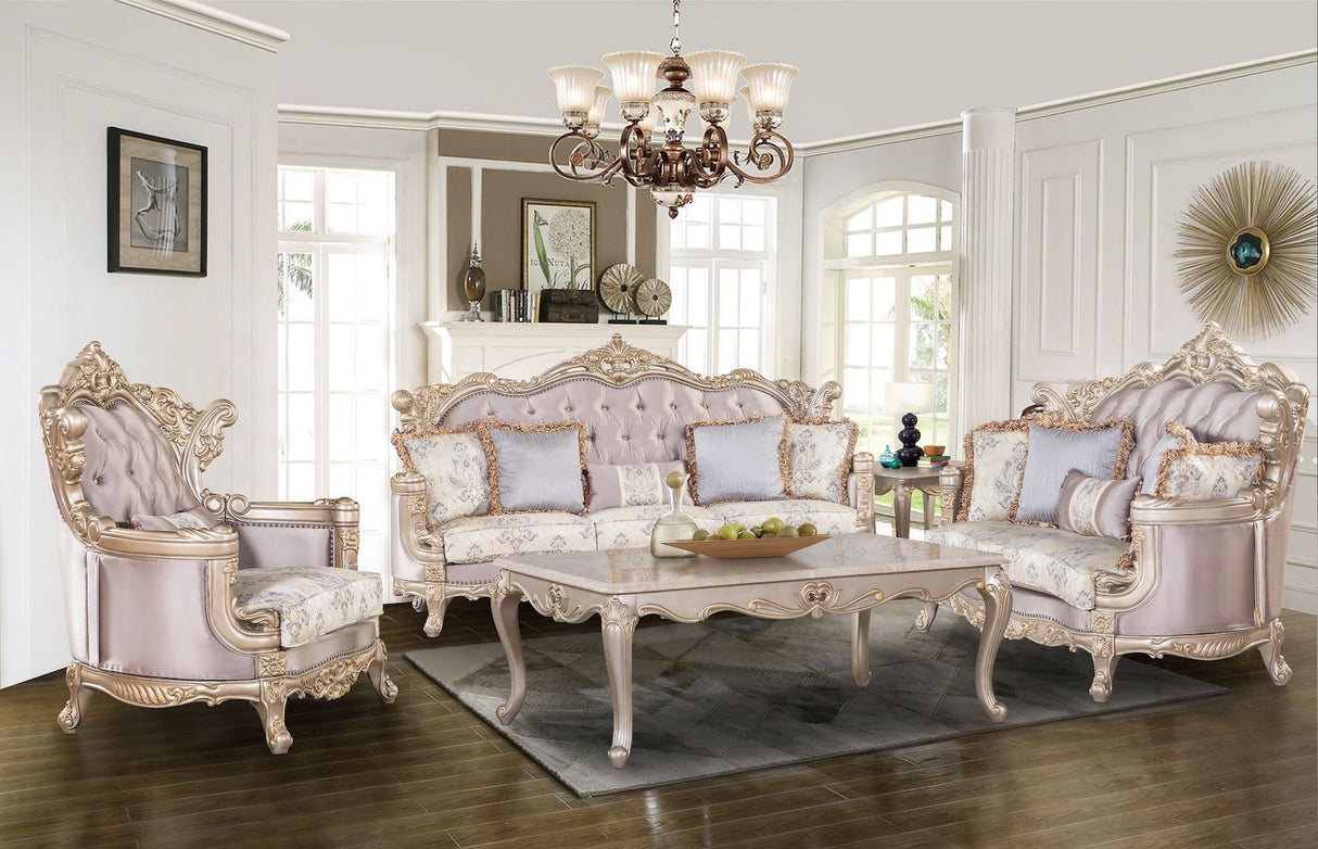 Camilla Silver Living Room Set by Cosmos Furniture with tufted seating and ornate carvings; includes sofa 92×40×53, loveseat 73×41×52, chair 46×38×50, coffee table 48×29×19, and end table 26×28×24.