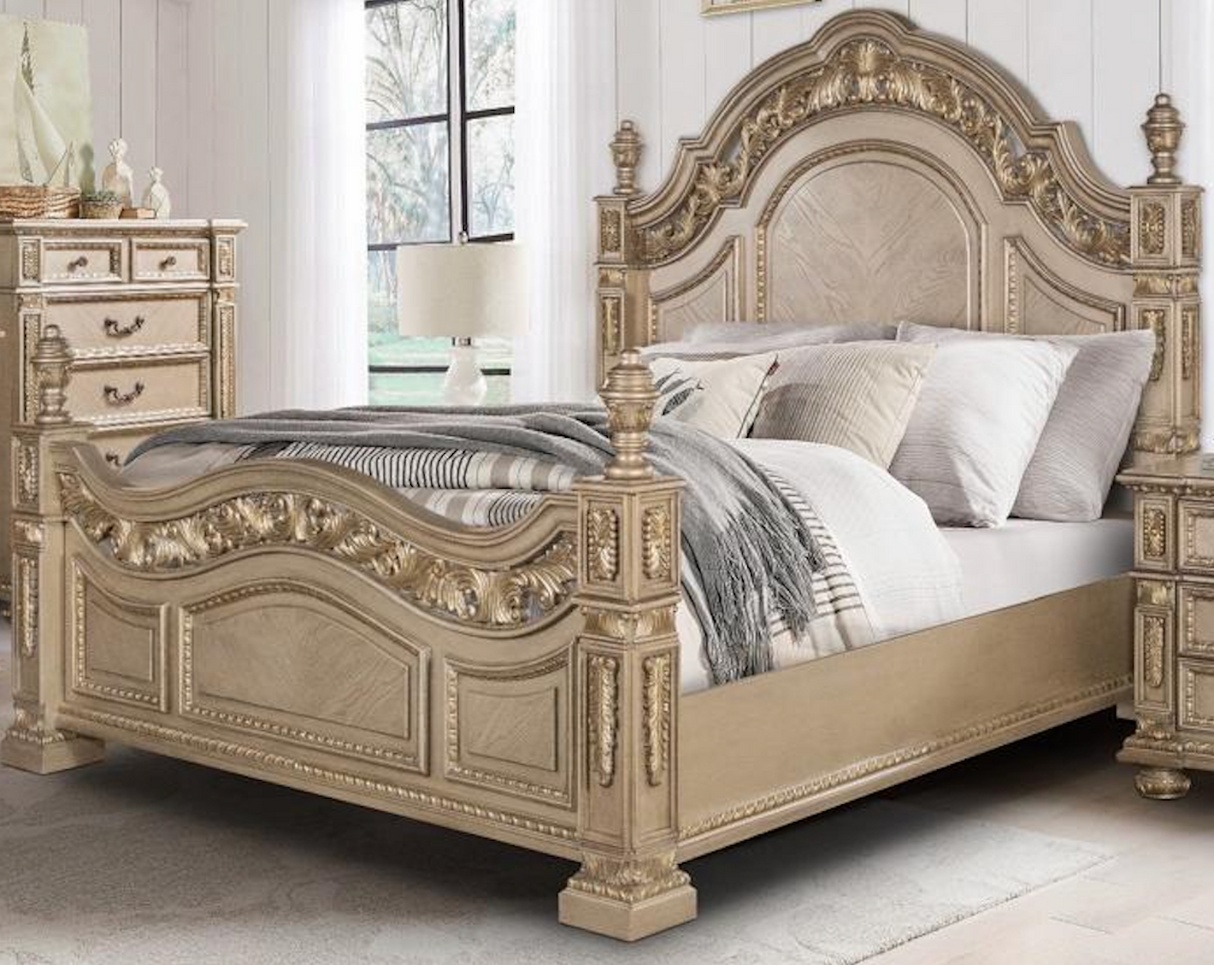Carolina Bed by Cosmos Furniture in gold finish with carved details. Includes Queen/King bed
