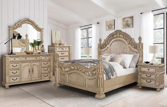 Carolina Bedroom Set by Cosmos Furniture in gold finish with carved details. Includes Queen/King bed, dresser 67×17×38, mirror 51×3×47, nightstand 31×17×28, and chest 41×17×52.