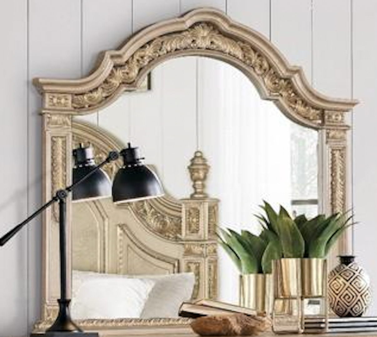 Carolina Mirror by Cosmos Furniture in gold finish with carved details.