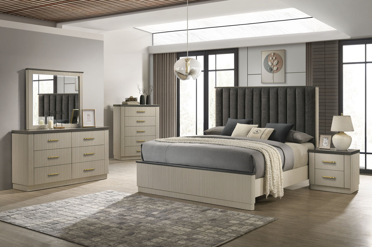 Casey Bedroom Set with cream upholstered bed, dresser, mirror, nightstand, and chest. Modern soft-line design. Dimensions include bed parts, 63" dresser, 40" chest, and 26" nightstand.