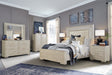 Celine Bedroom Set with warm wood finish, LED headboard, dresser, mirror, nightstand, and optional chest. Includes bed components and storage footboard. Dimensions listed for each piece.