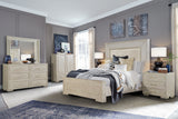 Celine Bedroom Set with warm wood finish, LED headboard, dresser, mirror, nightstand, and optional chest. Includes bed components and storage footboard. Dimensions listed for each piece.