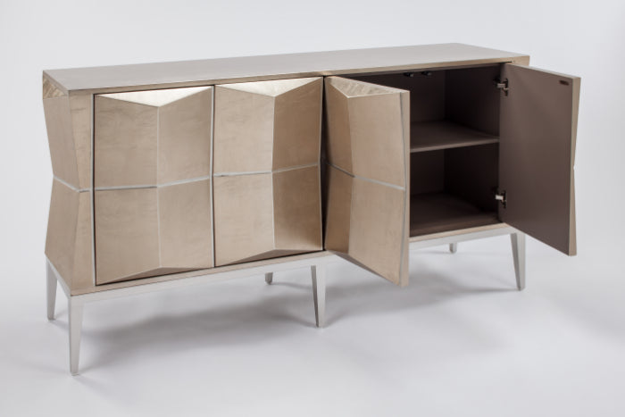 Beige sideboard with open doors on a white background