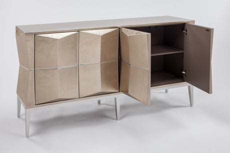 Beige sideboard with open doors on a white background