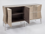 Beige sideboard with open doors on a white background
