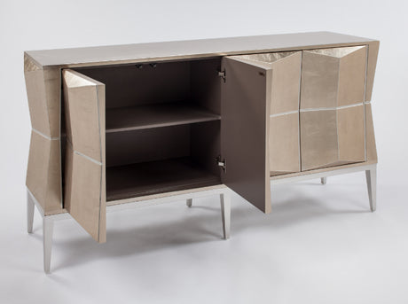Beige sideboard with open doors on a white background