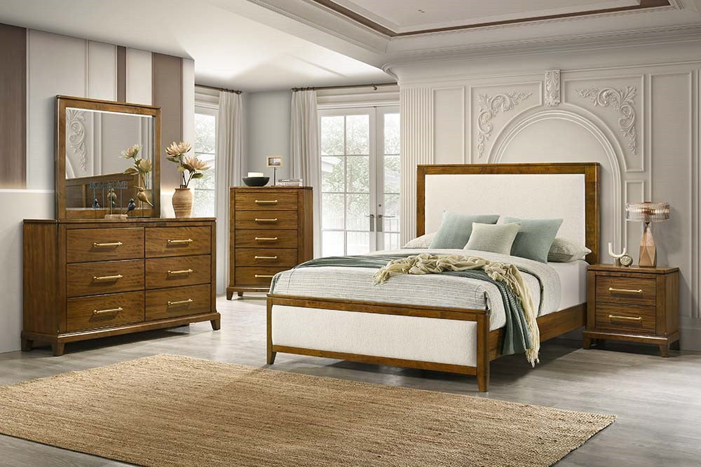 Charlotte Bedroom Set with rustic wood finish, gold handles, and modern clean lines. Includes bed, dresser, mirror, nightstand, and optional chest. Dimensions included for each piece.