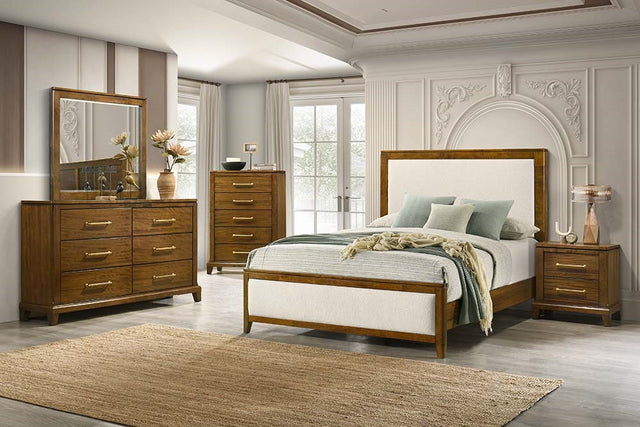 Charlotte Bedroom Set with rustic wood finish, gold handles, and modern clean lines. Includes bed, dresser, mirror, nightstand, and optional chest. Dimensions included for each piece.