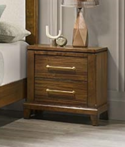 Wooden nightstand with drawers in a bedroom setting