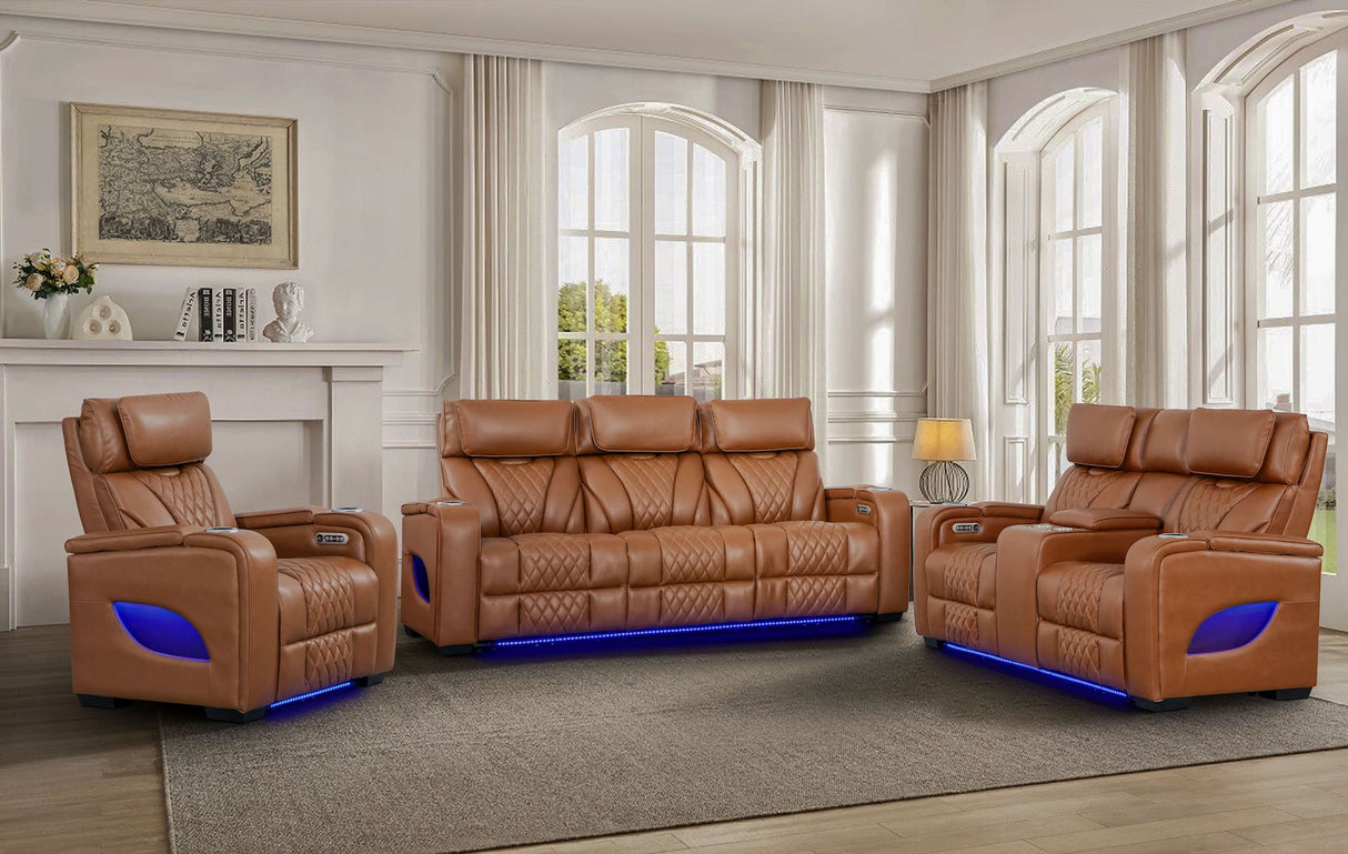 Chase Motion Living Room Set with power reclining sofa (83×39×44), loveseat with console (74×39×44), and recliner (38×39×44), featuring wireless charging, USB ports, and multi-color LED lighting.