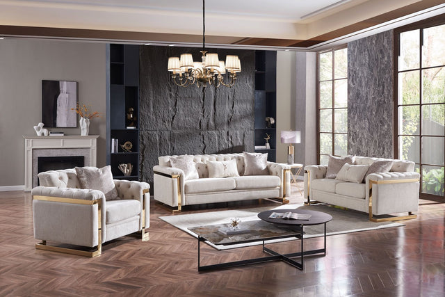 Chloe Living Room Set by Cosmos Furniture; modern tufted sofa 90×35×34, loveseat 66×35×34, and chair 42×35×34, featuring sleek upholstery and gold accent detailing.