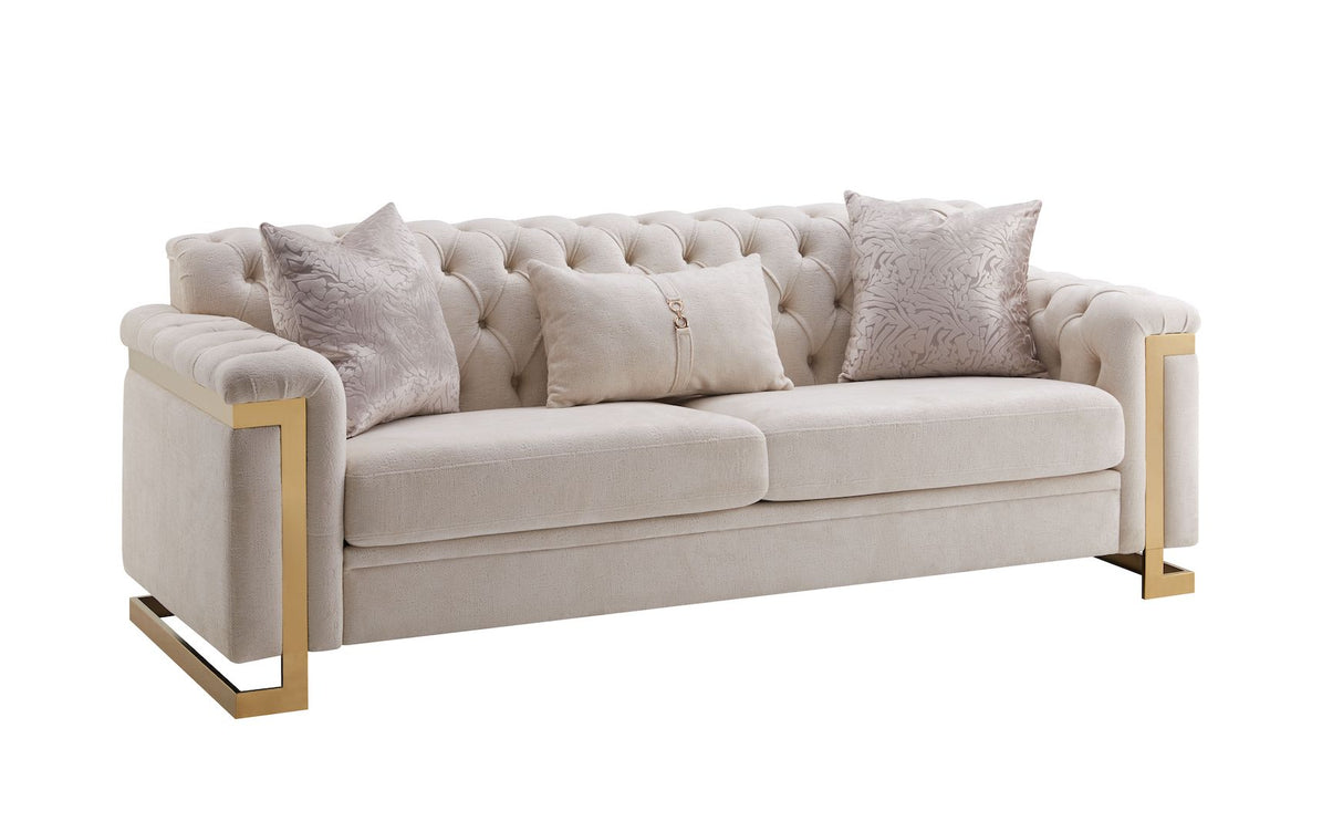 Chloe Sofa by Cosmos Furniture; modern tufted sofa 90×35×34, featuring sleek upholstery and gold accent detailing.