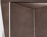 Close-up of a brown wooden cabinet with a white background