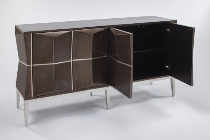 Modern sideboard with open doors on a white background