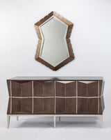 Modern console table with geometric design and matching mirror on a white background