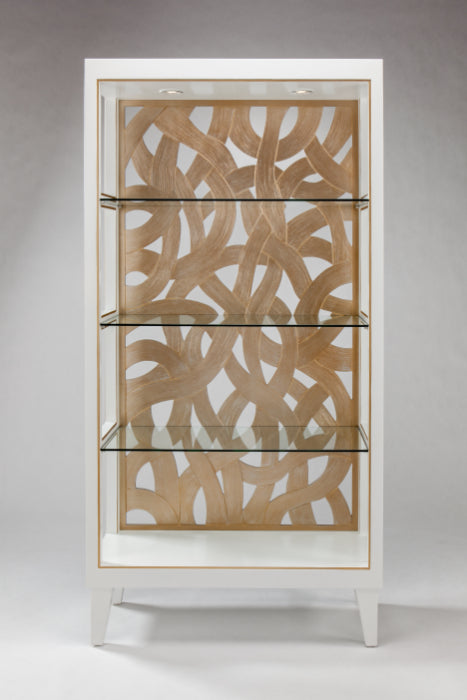 Artmax Contemporary Curio Cabinet in white and soft gold finish, featuring glass-panel doors, multiple display shelves, and tall vertical design. Dimensions: 40"W × 16"D × 80"H.