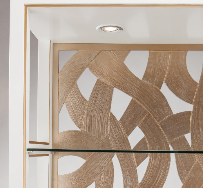 Artmax Contemporary Curio Cabinet in white and soft gold finish, featuring glass-panel doors, multiple display shelves, and tall vertical design. Dimensions: 40"W × 16"D × 80"H.