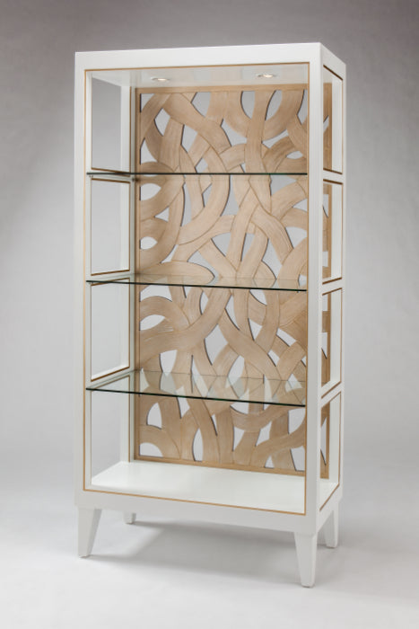 Artmax Contemporary Curio Cabinet in white and soft gold finish, featuring glass-panel doors, multiple display shelves, and tall vertical design. Dimensions: 40"W × 16"D × 80"H.