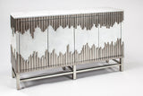 Modern console table with decorative metal base on a white background