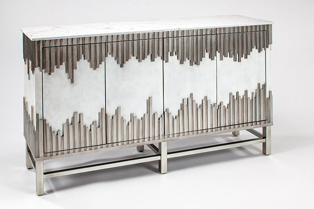 Modern console table with decorative metal base on a white background