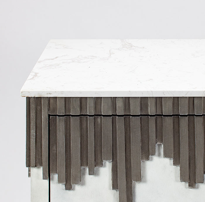 Wooden bench with a white marble top on a light gray background