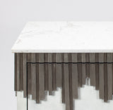 Wooden bench with a white marble top on a light gray background