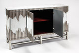 Decorative cabinet with metallic frame and glass panels on a white background