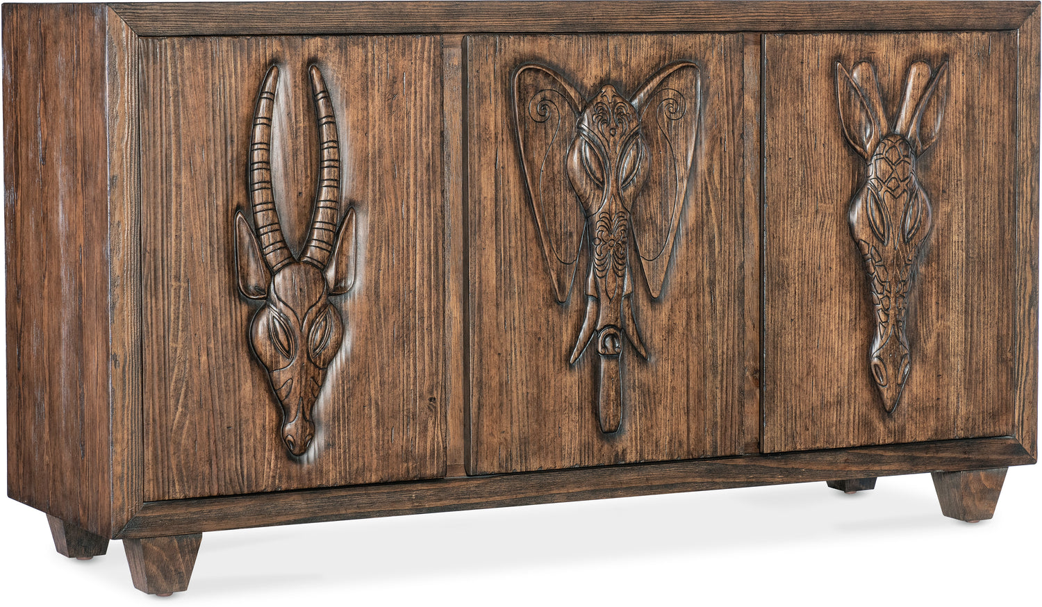 Wooden cabinet with embossed animal heads on a white background Home Elegance USA