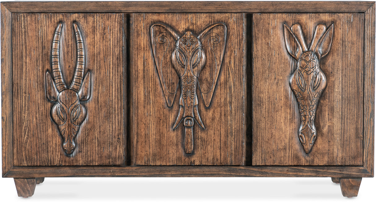 Wooden cabinet with animal head carvings on a white background Home Elegance USA