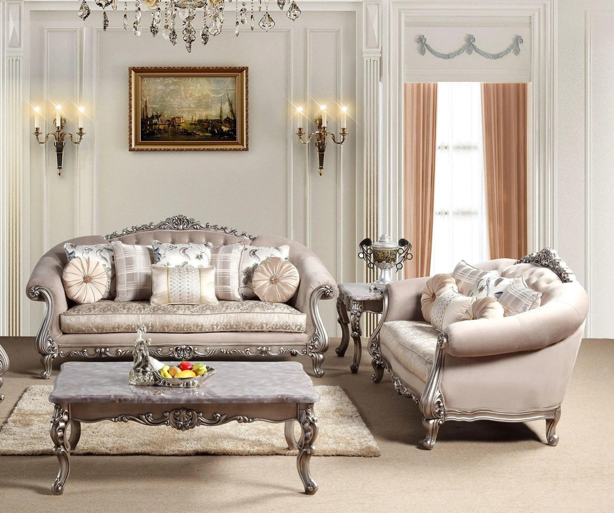 Cristina Traditional Sofa And Loveseat In Beige Wood Finish | Cosmos | Home Elegance USA