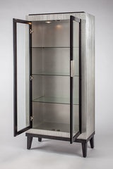 Decorative cabinet with open glass doors on a white background