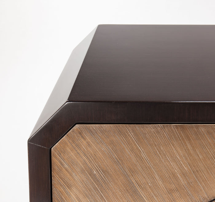 Close-up of a wooden side table with a dark brown top and light brown base Home Elegance USA