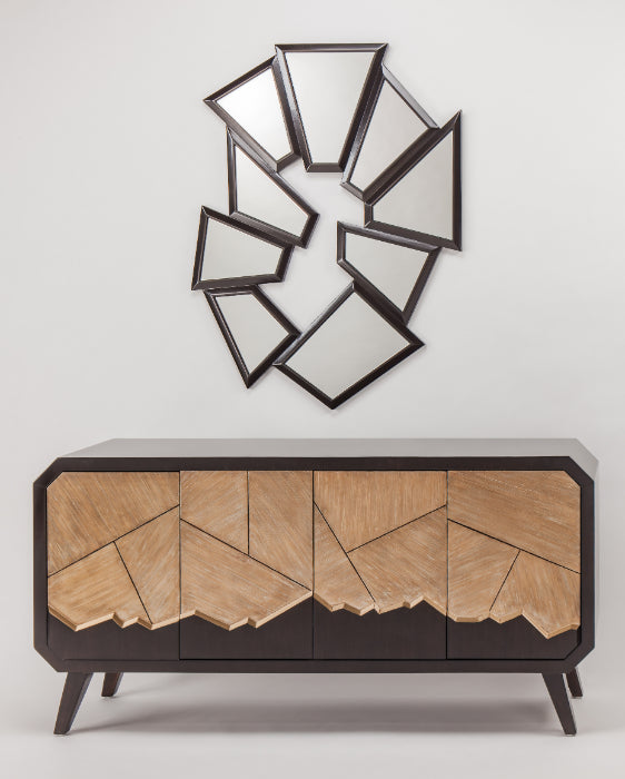 Wooden sideboard with geometric design and mirror above on a white background Home Elegance USA