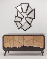 Wooden sideboard with geometric design and mirror above on a white background Home Elegance USA