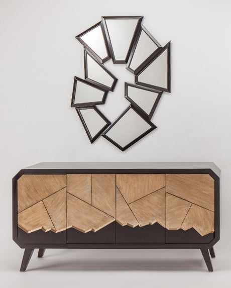 Wooden sideboard with geometric design and mirror above on a white background Home Elegance USA