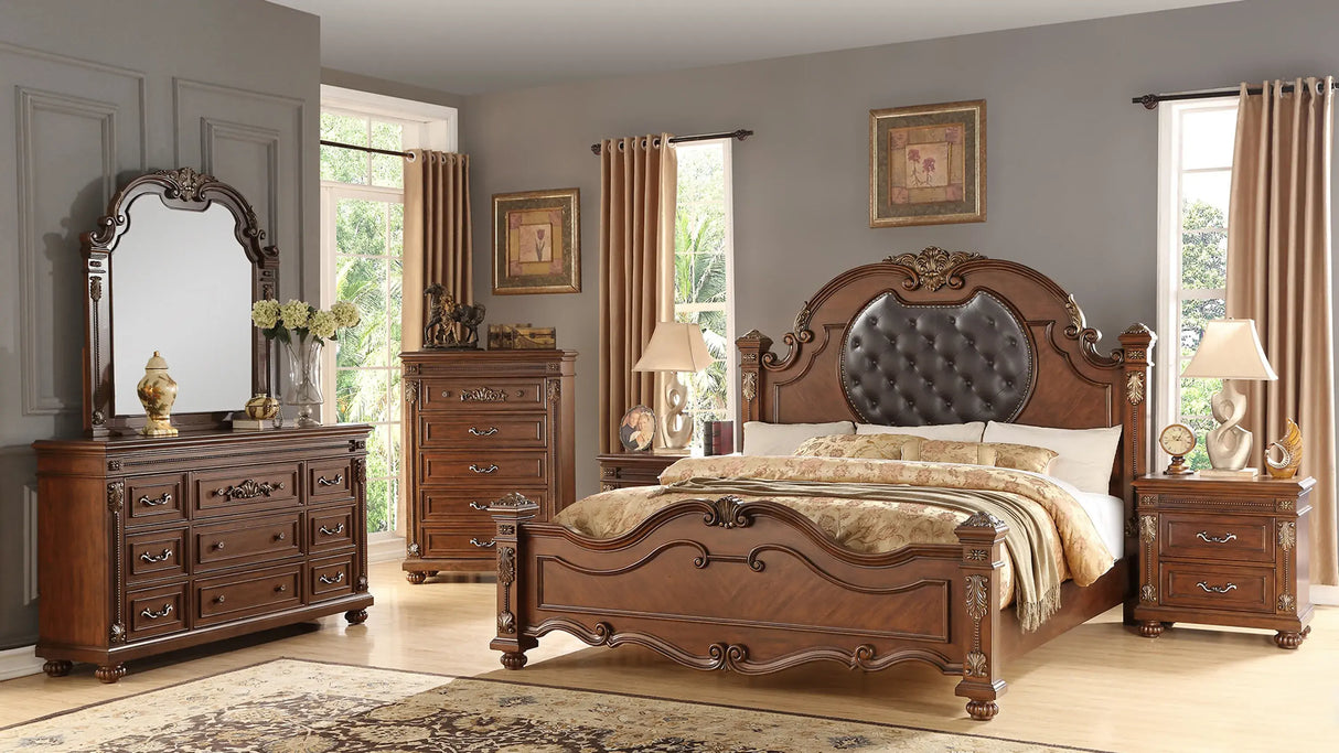 6-piece Destiny bedroom set in cherry with matte finish, including bed, chest, nightstands, dresser and mirror with crystal hardware by Cosmos Furniture