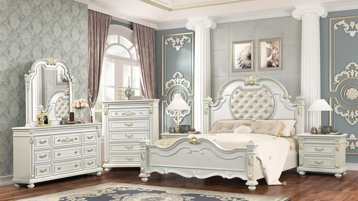 6-piece Destiny bedroom set in pearl with matte finish, including bed, chest, nightstands, dresser and mirror, 596195740 by Cosmos Furniture