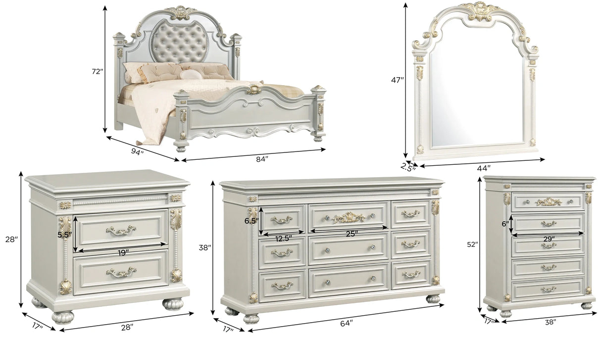 6-piece Destiny king bedroom set in pearl with matte finish, including bed, chest, nightstands, dresser and mirror with crystal hardware by Cosmos Furniture