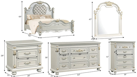 6-piece Destiny bedroom set in pearl with matte finish, including bed, chest, nightstands, dresser and mirror with crystal hardware by Cosmos Furniture