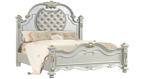 Elegant Destiny bed in pearl finish with solid wood construction and decorative carved details