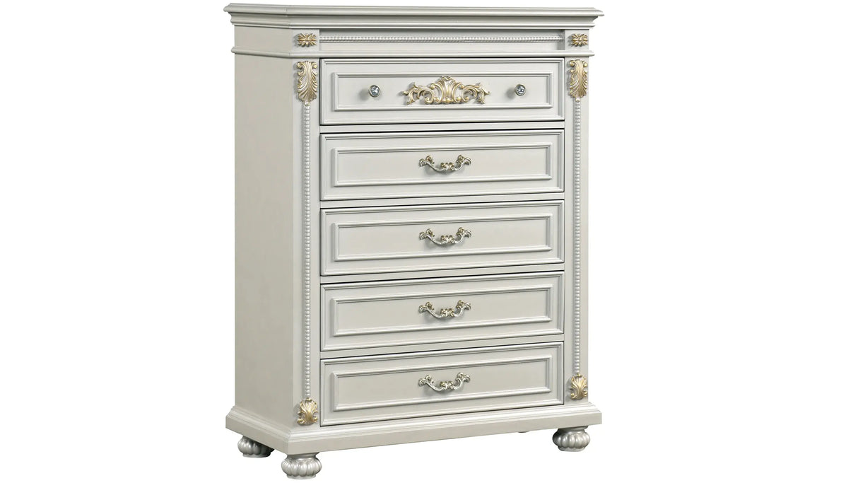 Destiny chest in pearl, featuring, crystal hardware, solid wood construction and ample storage space