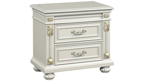 Destiny Nightstand in pearl with matte finish with crystal hardware by Cosmos Furniture