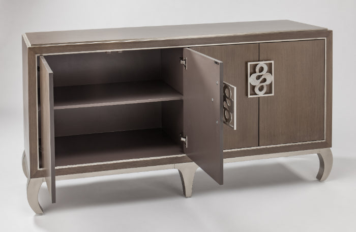 Wooden sideboard with open door on a white background Home Elegance USA