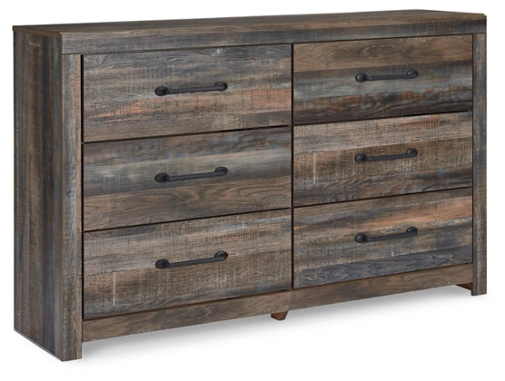 Ashley Drystan six-drawer dresser in multi-color rustic finish, 58.7″W × 15.31″D × 36.46″H, featuring industrial hardware and smooth-glide drawers.
